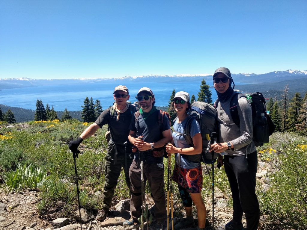 Ridge walking on the Tahoe Rim Trail with Lake Tahoe in the background