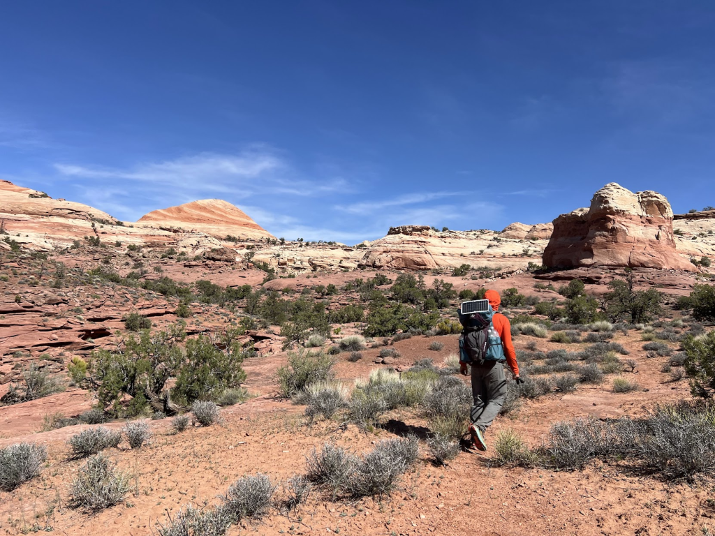 Solar strapped to the back of my pack on the Hayduke Trail in 2026