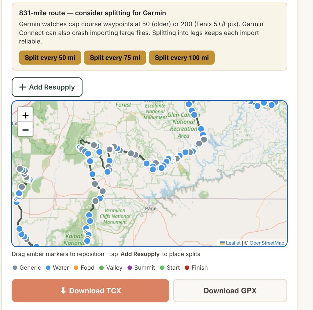 Adding addition resupply points to the map is relatively easy with this tool. Each resupply point will split the trail, so the course is only the distance between resupplies.