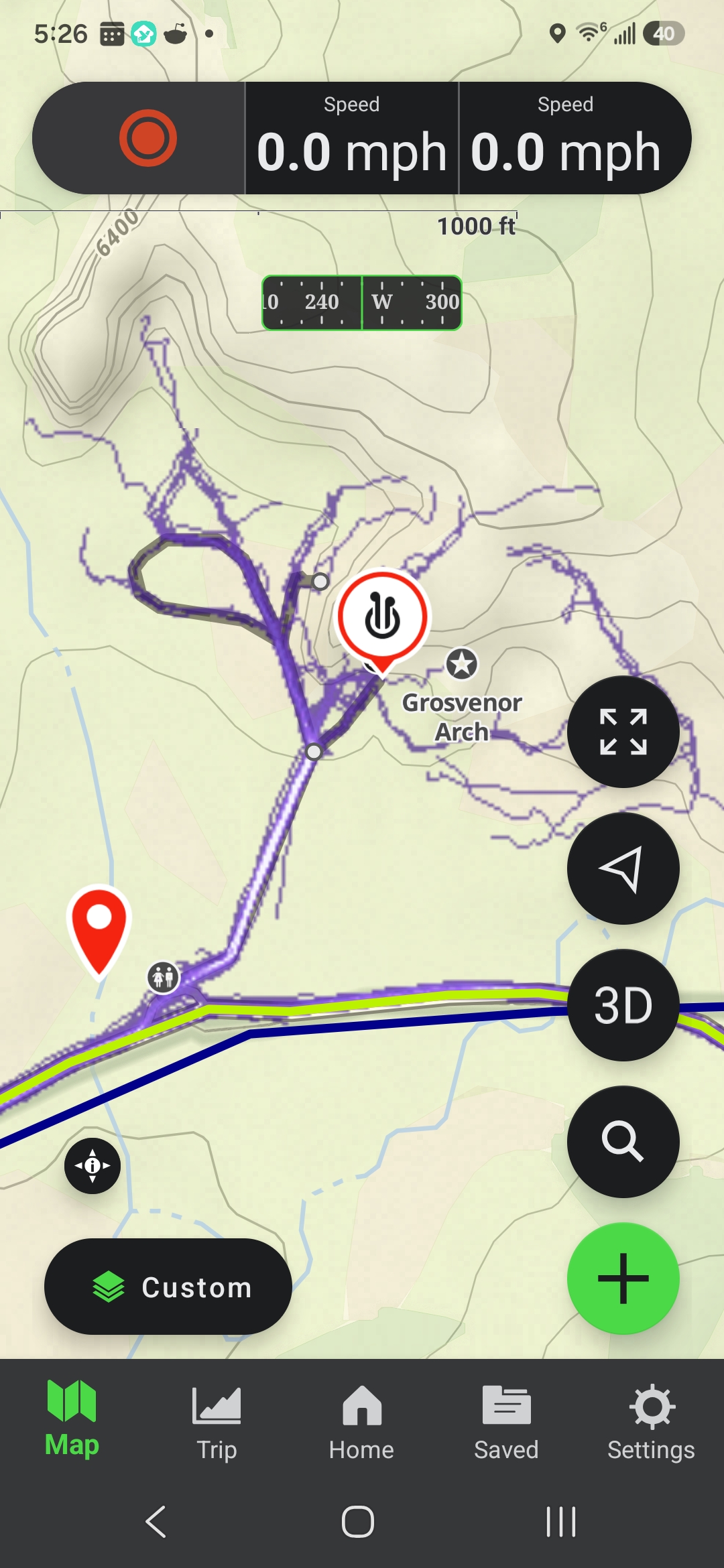 Strava heatmap overlay in Gaia GPS showing heatmap tracks near Grosvenor Arch in Utah canyon country