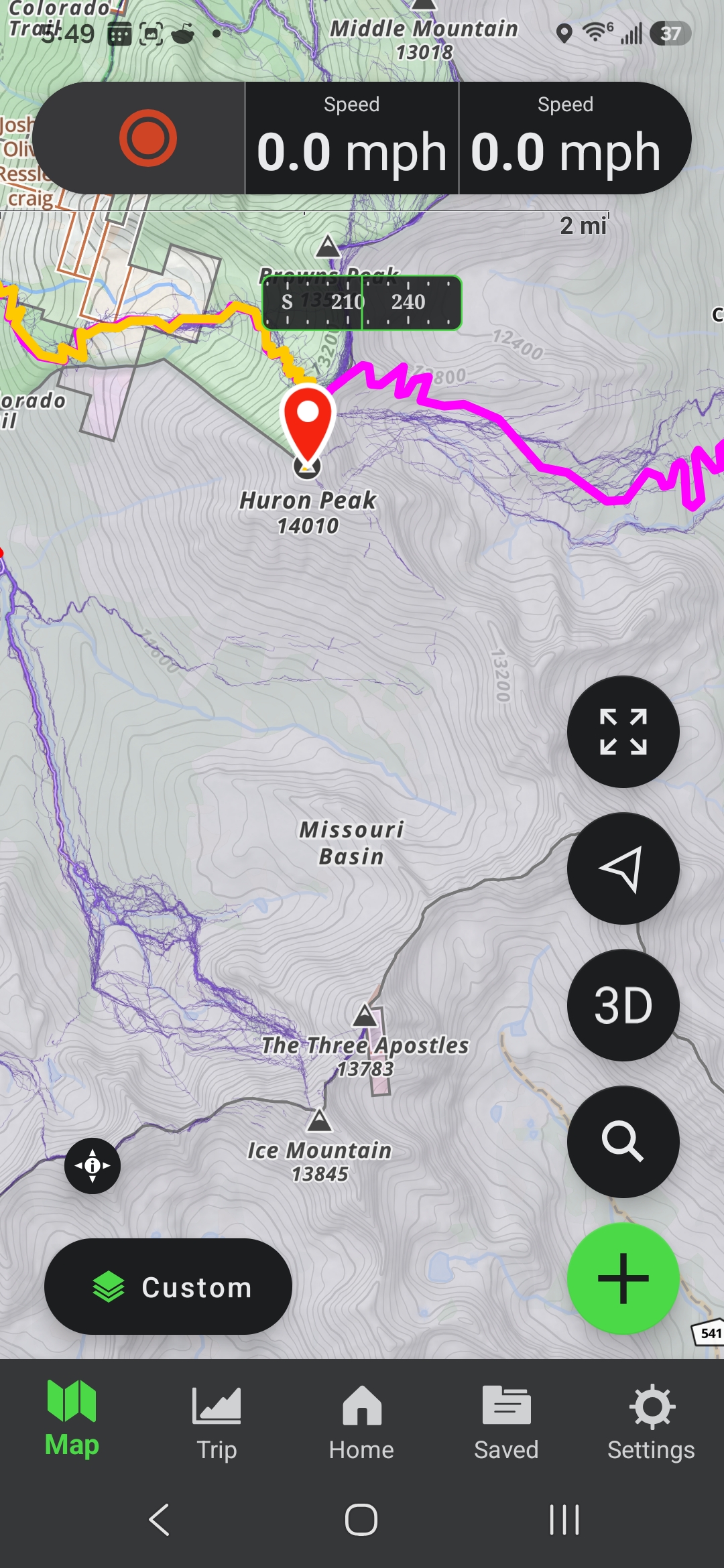 Strava heatmap in Gaia GPS showing Huron Peak and Missouri Basin on the Collegiate Loop