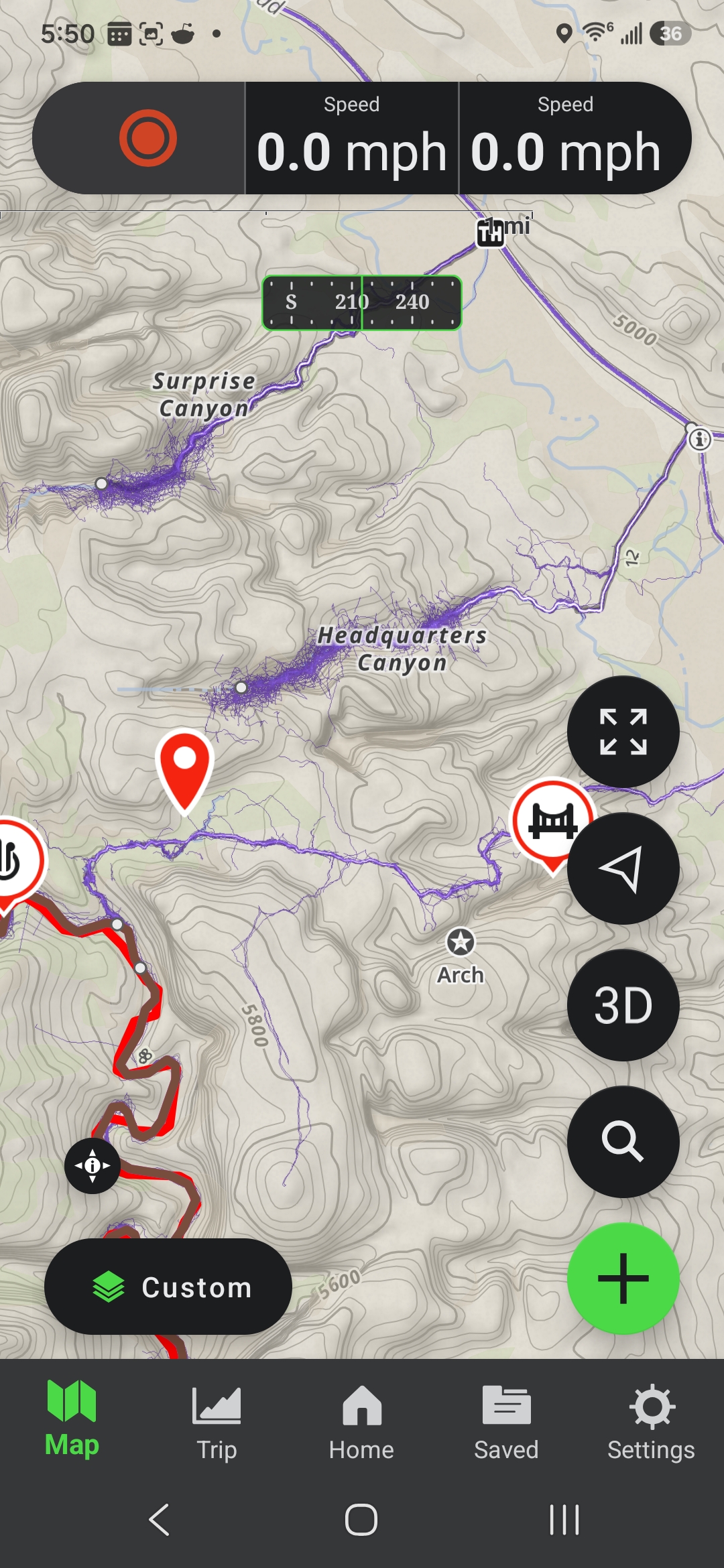 Strava heatmap in Gaia GPS showing canyon route through Surprise Canyon and Headquarters Canyon in desert terrain