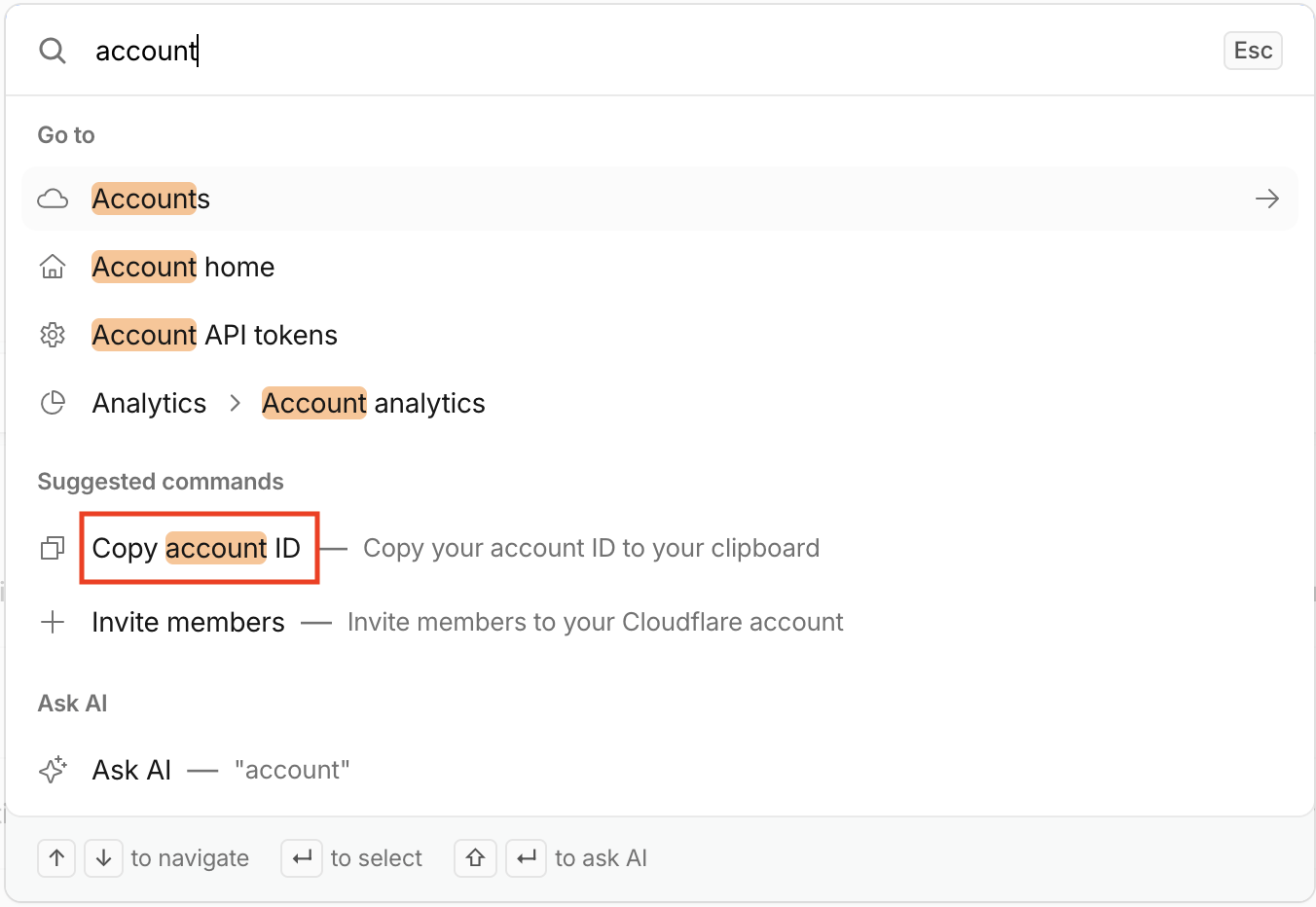 Copy account ID from Cloudflare quick search