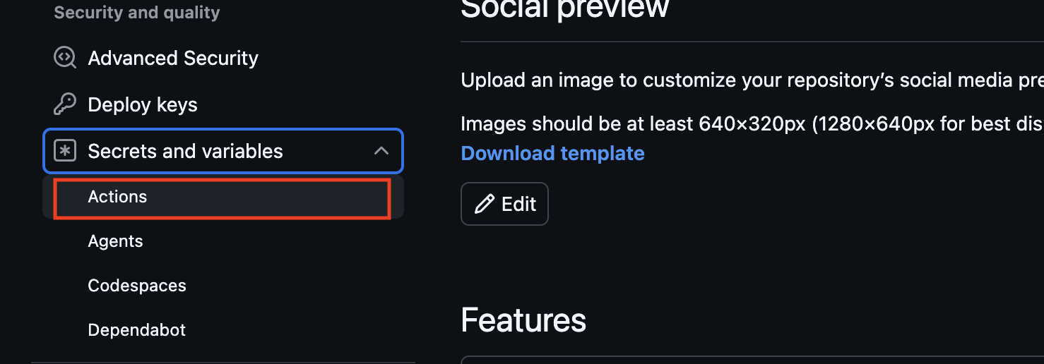 Secrets and variables menu in GitHub Settings