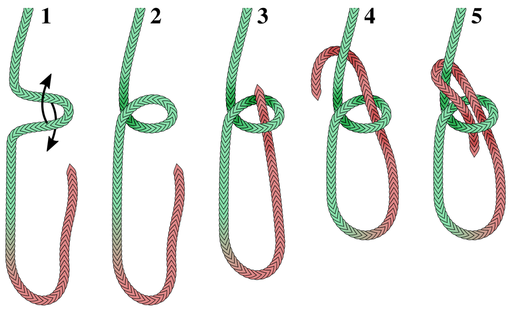 Bowline knot diagram showing the sequence for tying the fixed loop used in this tarp guyline system