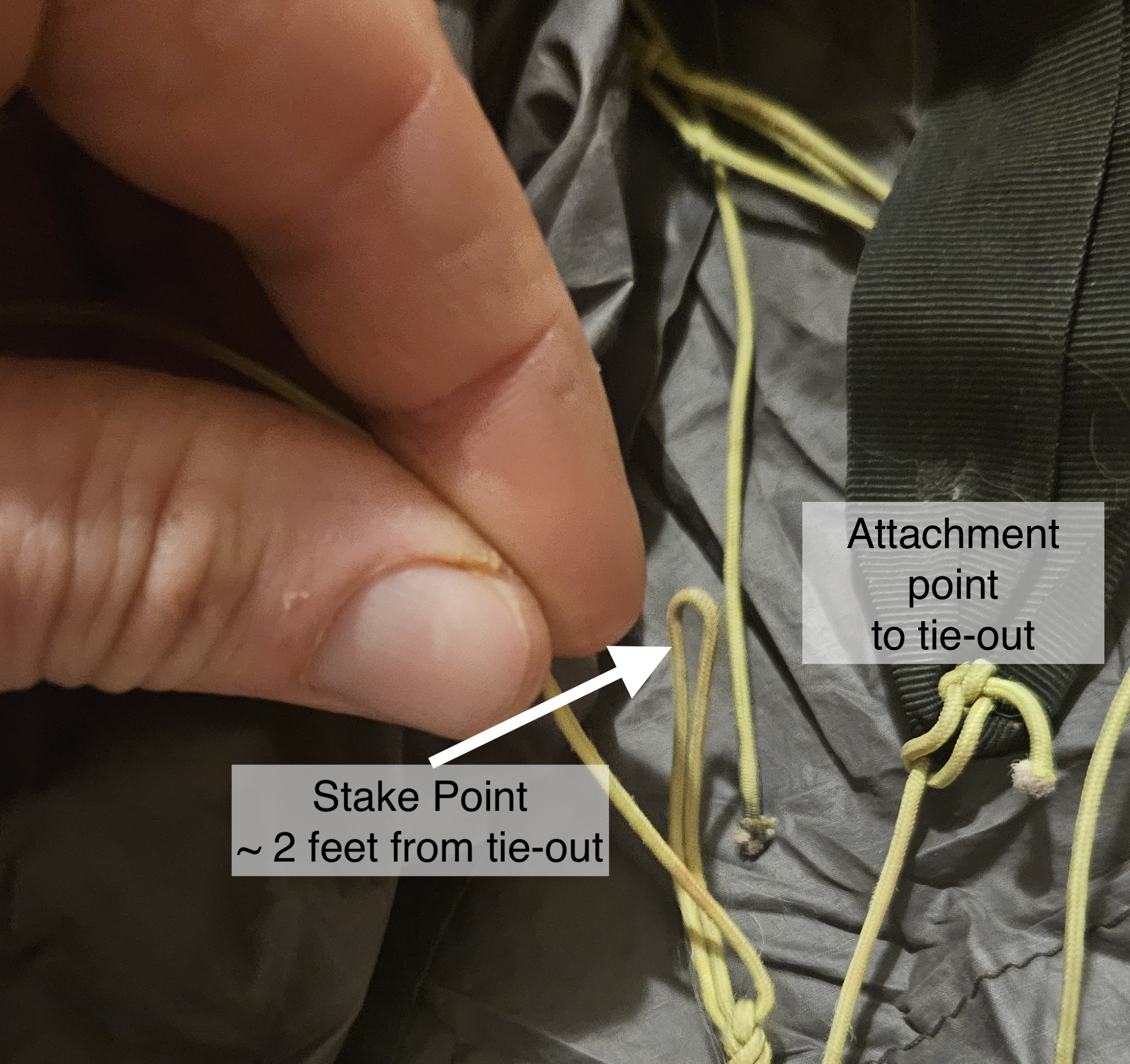 Tarp guyline with two bowline loops -- inner loop cinches to the tie-out ring, outer loop is the default stake point