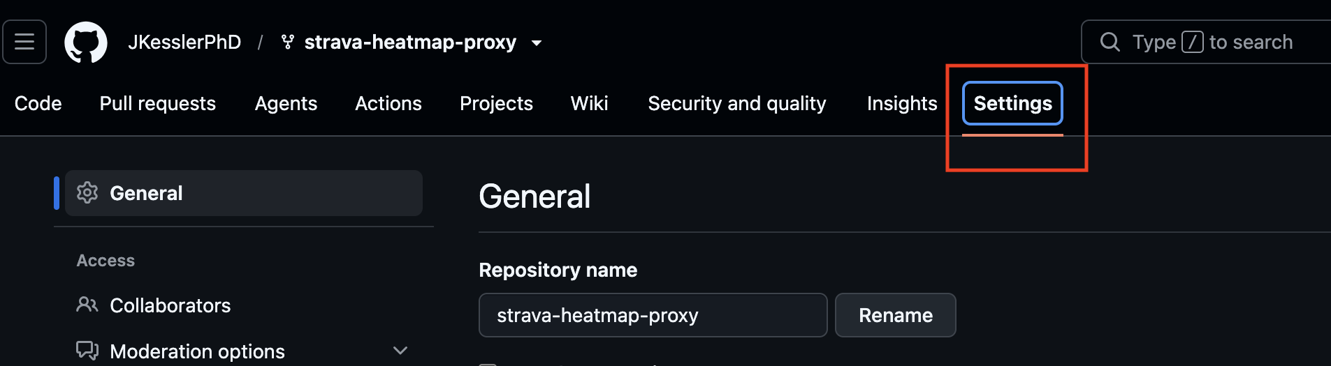 GitHub repository Settings tab