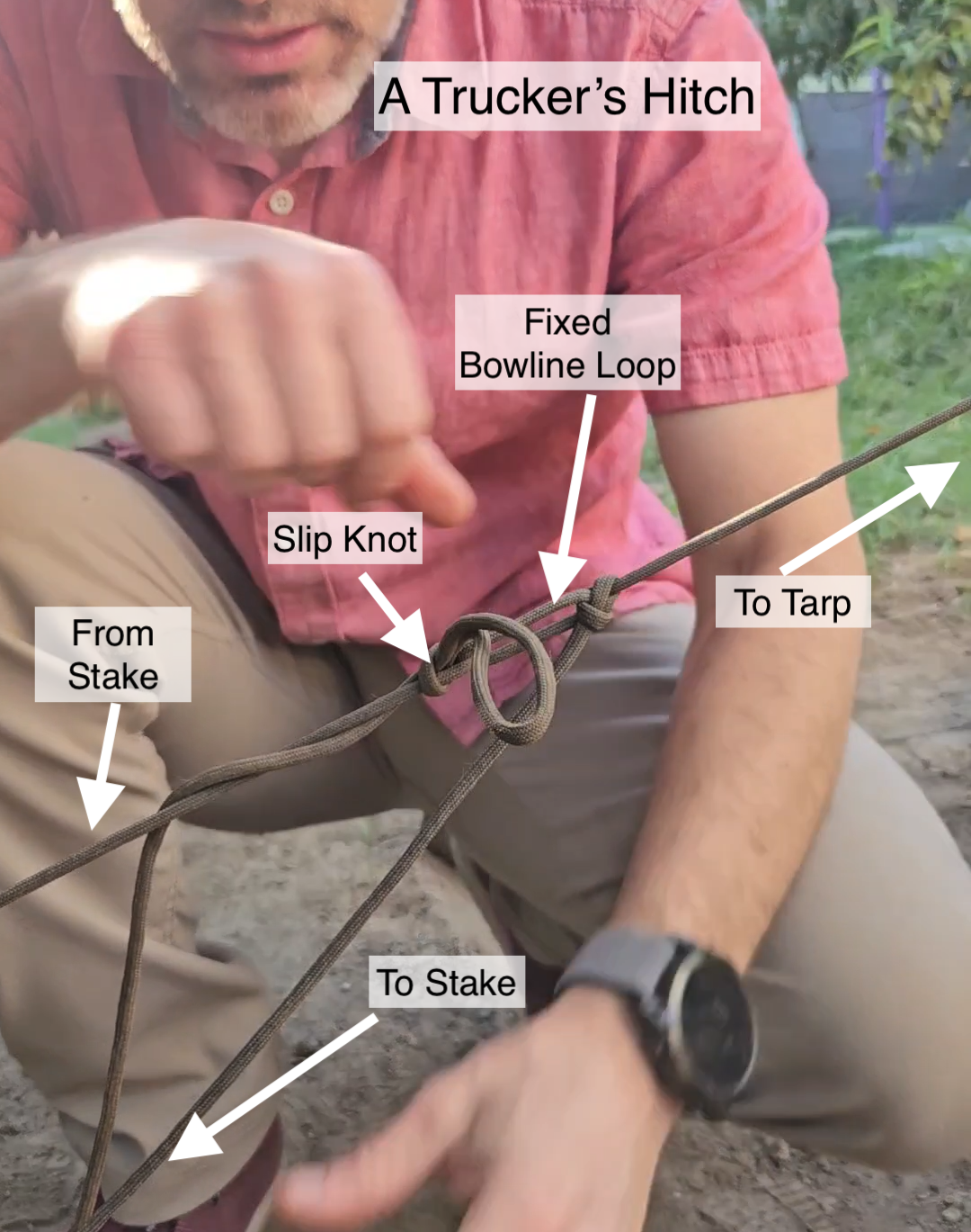 Trucker's hitch on a tarp guyline -- stake placed away from the default loop, cord threads through the bowline as a pulley for mechanical advantage