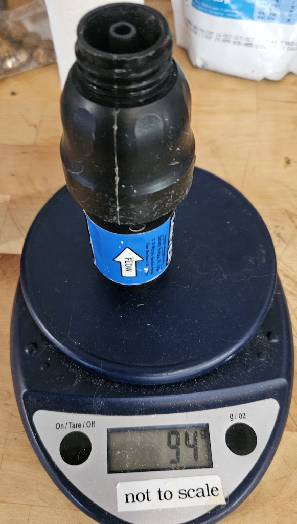 A Sawyer Squeeze filter weighint 94 grams