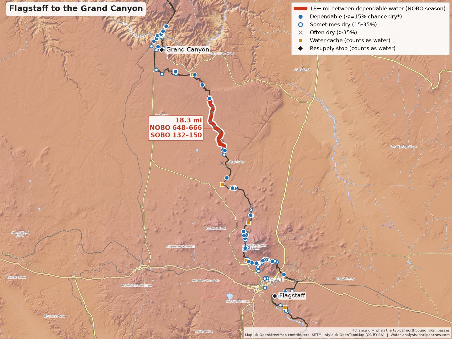 Arizona Trail water map: Flagstaff to the Grand Canyon: the Babbitt Ranch tanks. In spring every one of them is usually holding water.