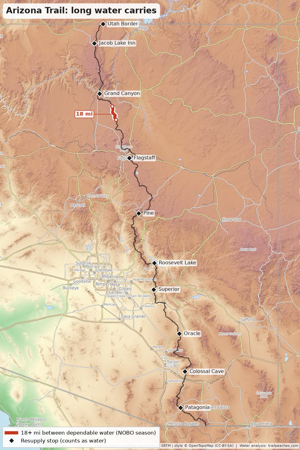 Map of long water carries on the Arizona Trail