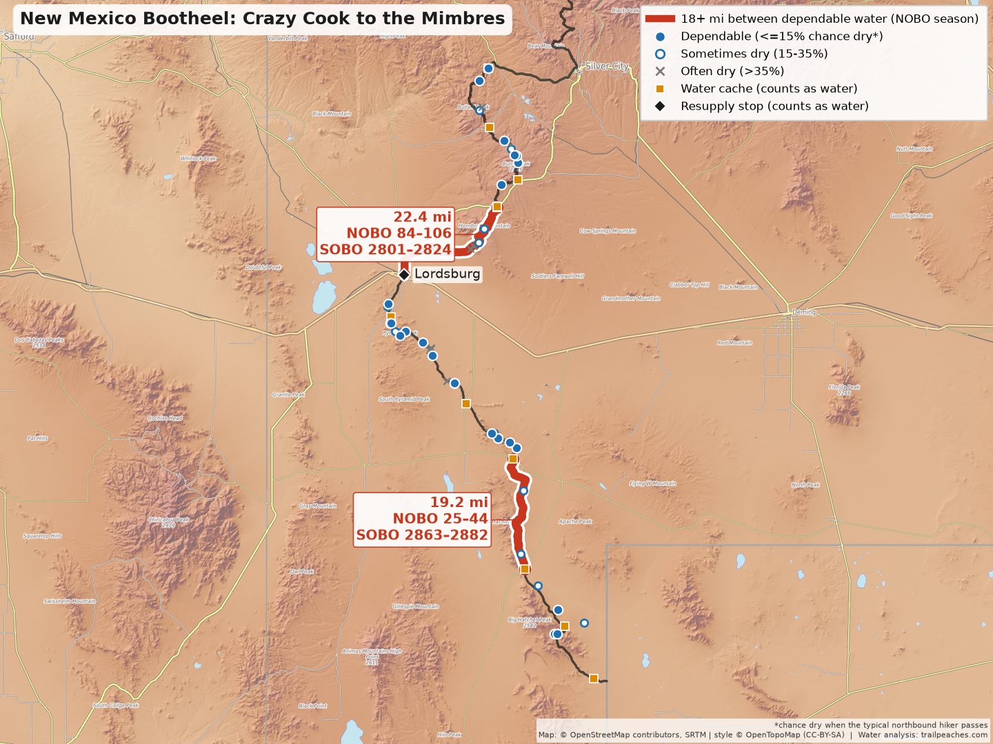 Continental Divide Trail water map: the Bootheel