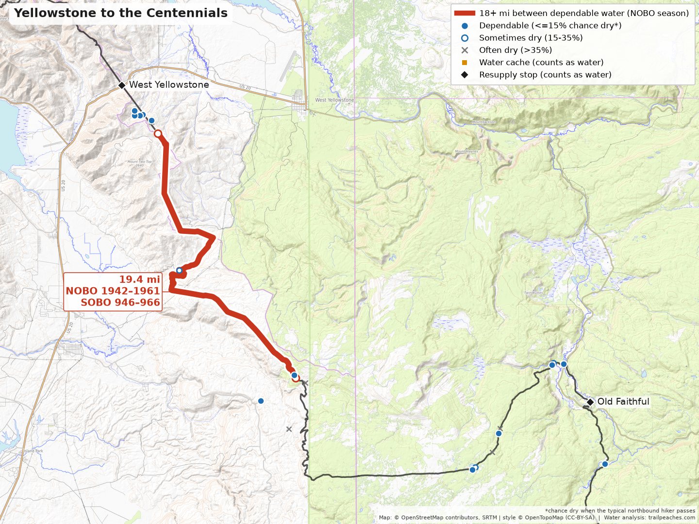 Continental Divide Trail water map: Out of Yellowstone and along the Idaho-Montana border.