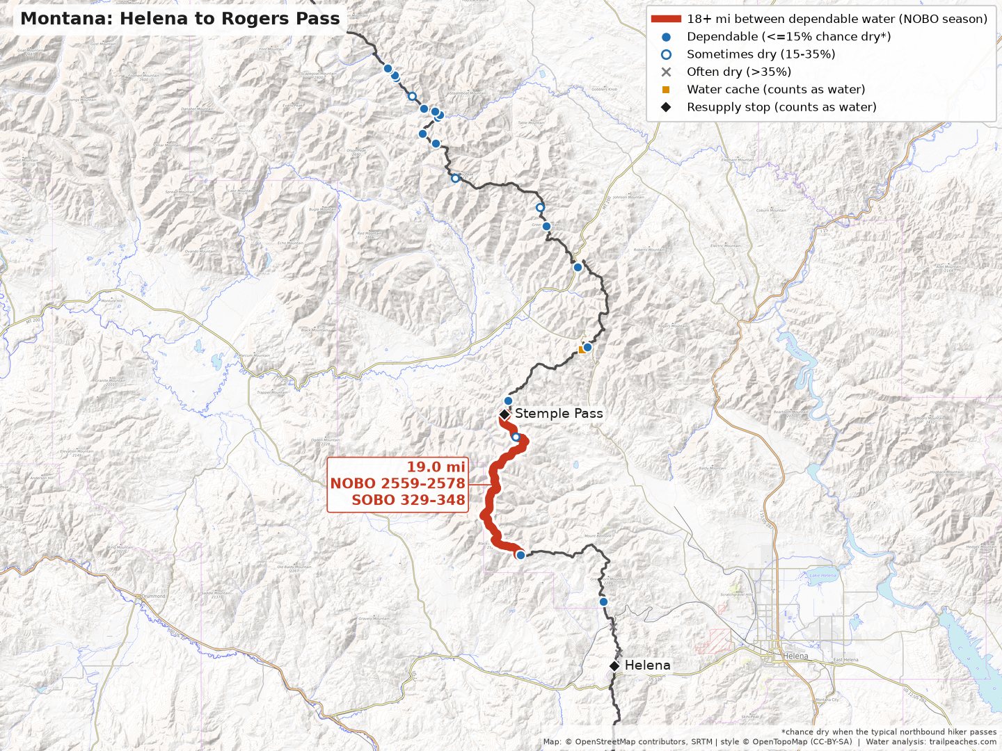 Continental Divide Trail water map: Helena to Stemple Pass.