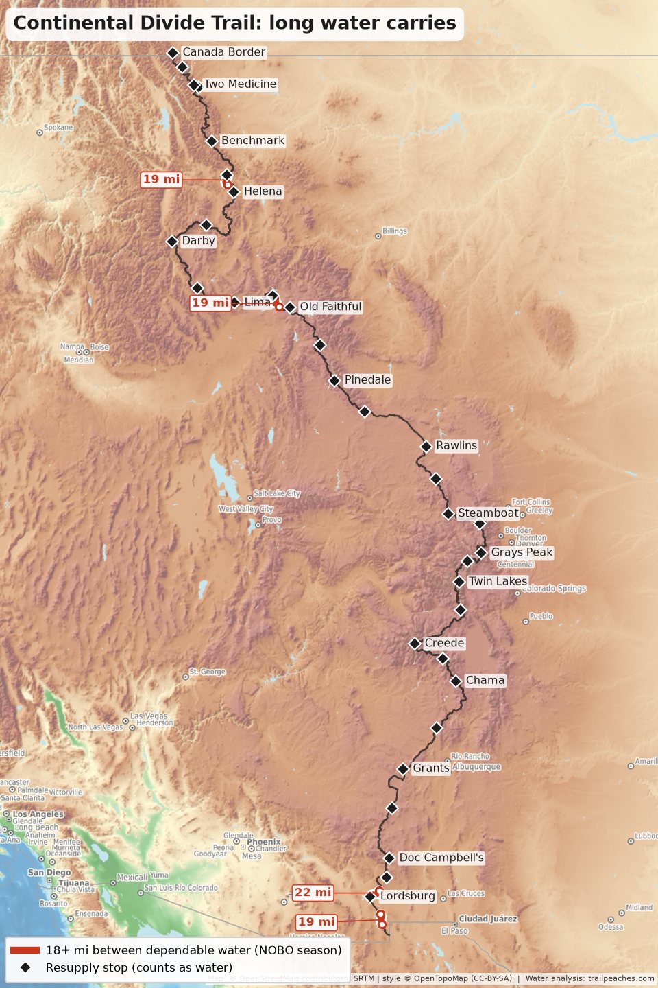 Map of long water carries on the Continental Divide Trail