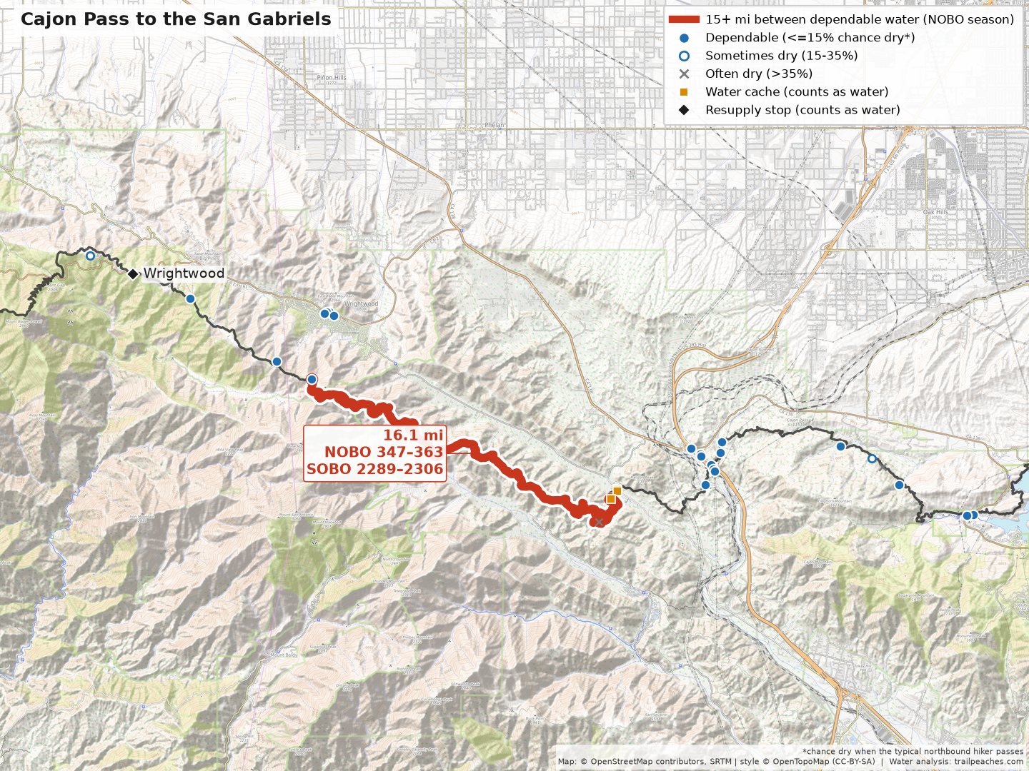Pacific Crest Trail water map: Cajon Pass into the San Gabriels