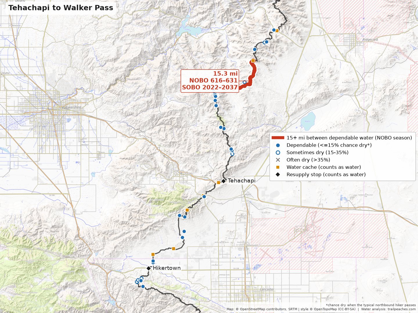 Pacific Crest Trail water map: Tehachapi to Walker Pass