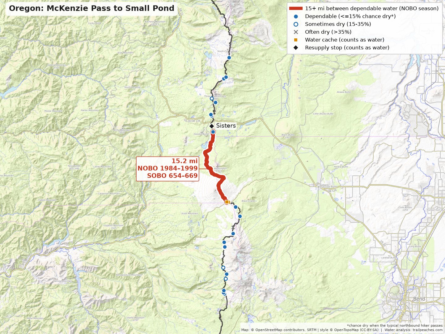 Pacific Crest Trail water map: McKenzie Pass to Small Pond