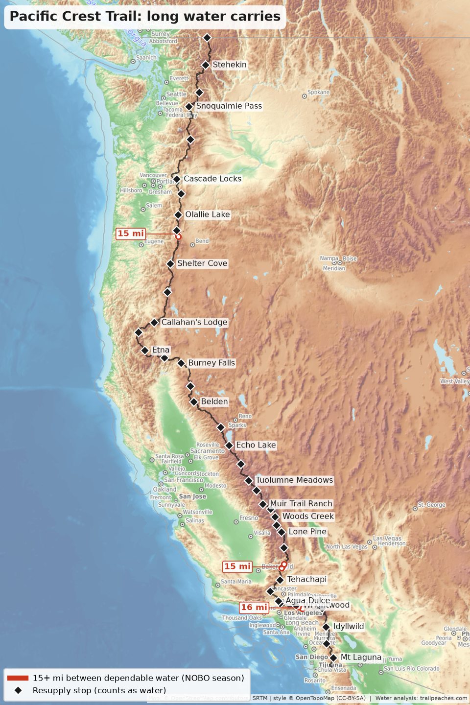 Map of long water carries on the Pacific Crest Trail