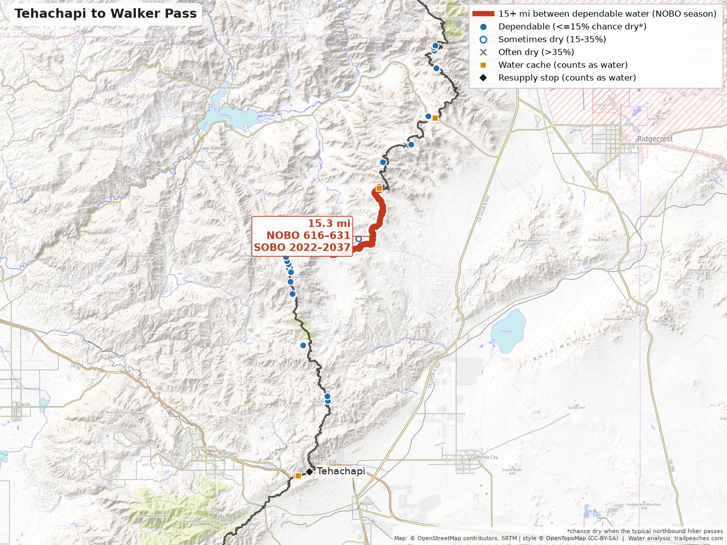 PCT long water carries map: Tehachapi to Walker Pass
