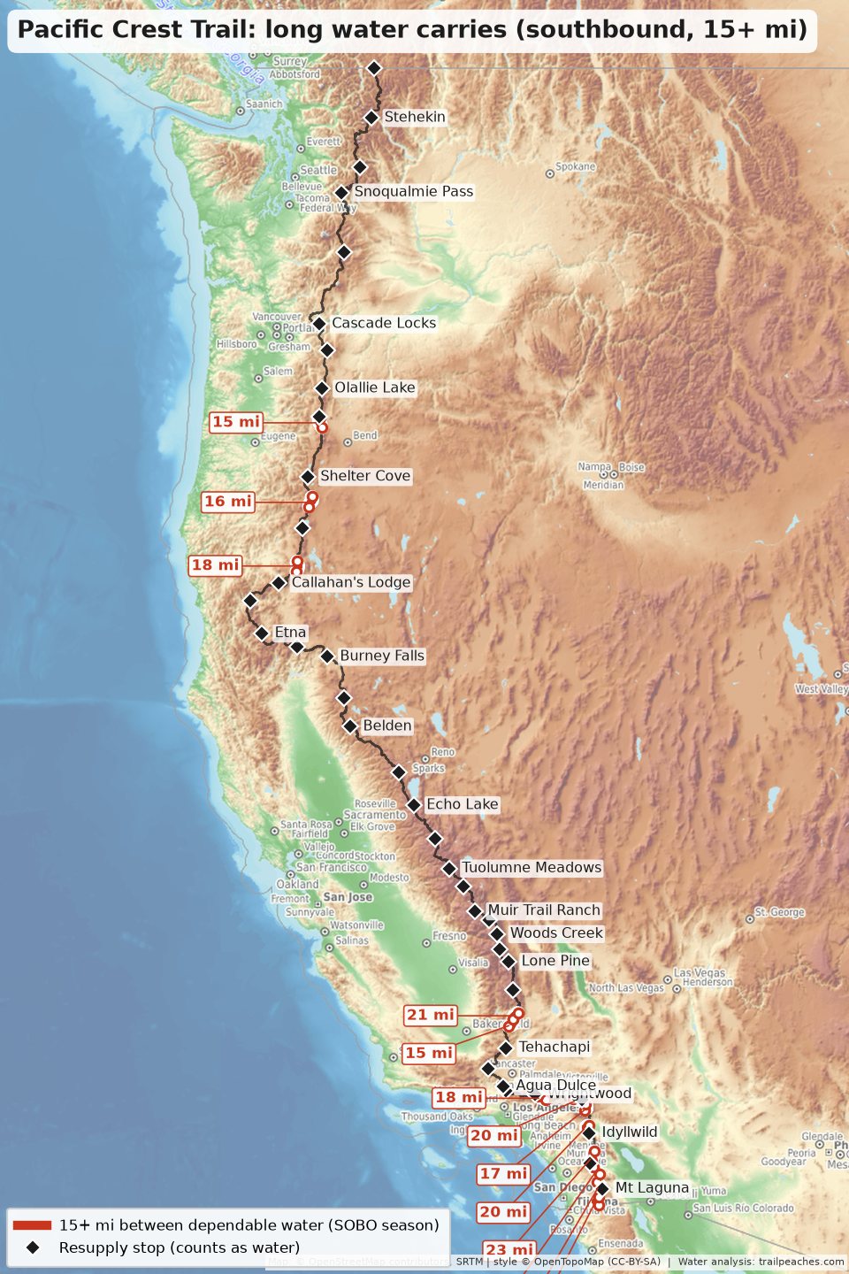 PCT long water carries map, southbound